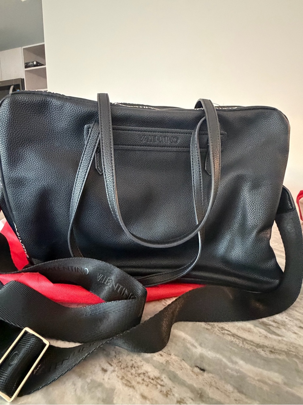 Valentino Black Pebbled Leather Laptop Tote with Branded Strap